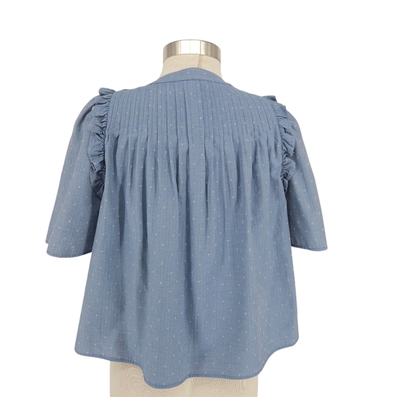 JOIE Shirt Blue Polka Dot Pleated Ruffle Short Sleeve Button Up Top Blouse Small - Picture 5 of 7